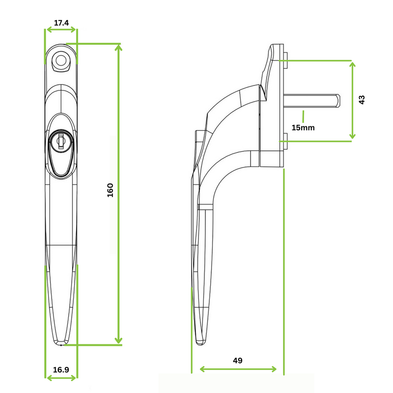 Yale uPVC Window Handle Universal Inline Espag Handle Black - SPINDLE LENGTH: 15mm