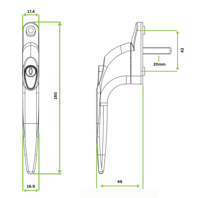 Yale uPVC Window Handle Universal Inline Espag Handle White - SPINDLE LENGTH: 20mm