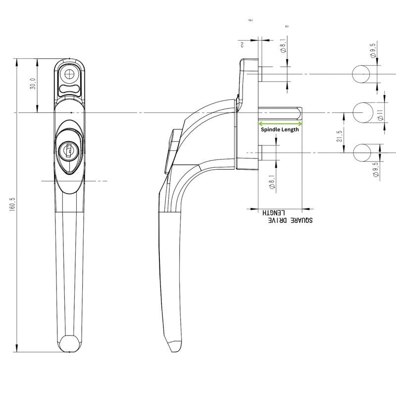 uPVC Window Handle Universal Inline Espag Handle White - SPINDLE LENGTH: 30mm